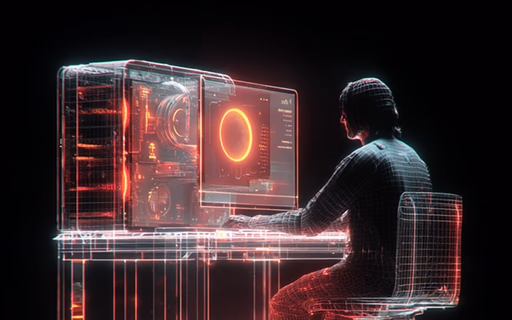 Wireframe-style operator working at a glowing technical workstation