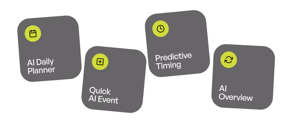 AI planner feature labels for daily planning, quick events, predictive timing, and an overview